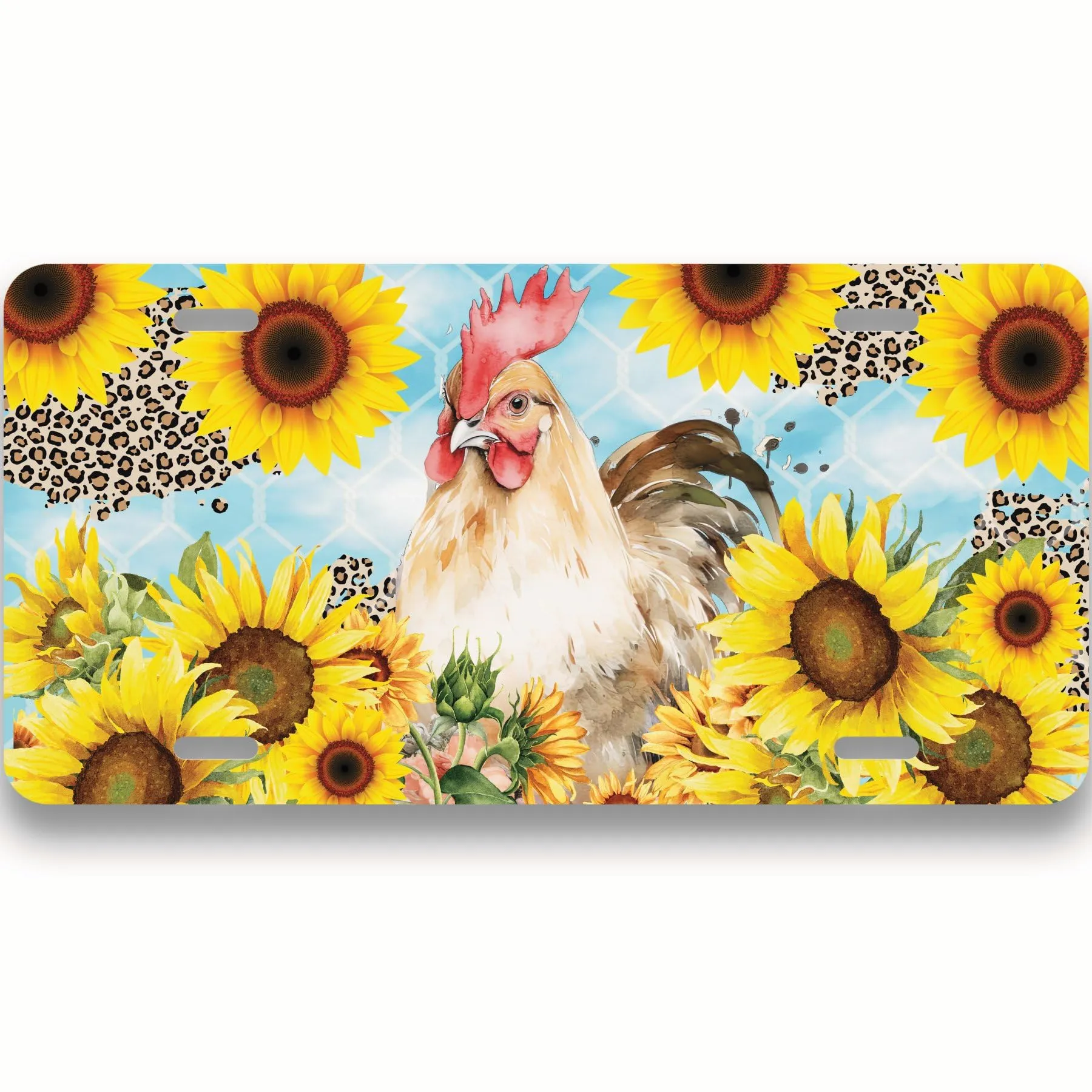 Chicken Leopard Print Sunflowers License Plate 6x12 Inch Universal Fit Rust-Proof Premium Aluminum