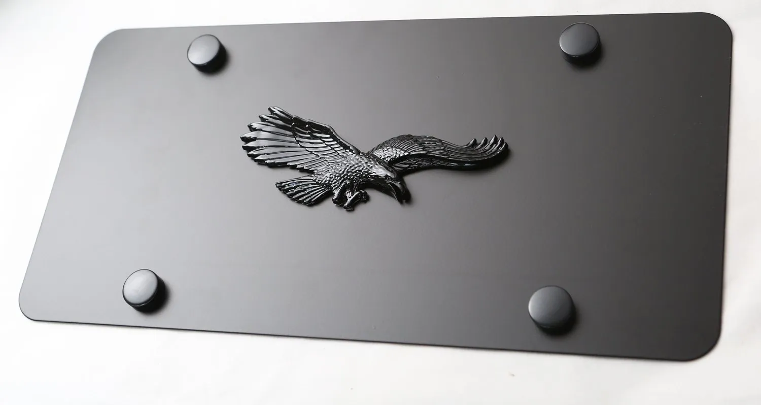 LFPartS Stainless Steel License Plate with Glossy Black 3D Flying Eagle Emblem, 12'x6'