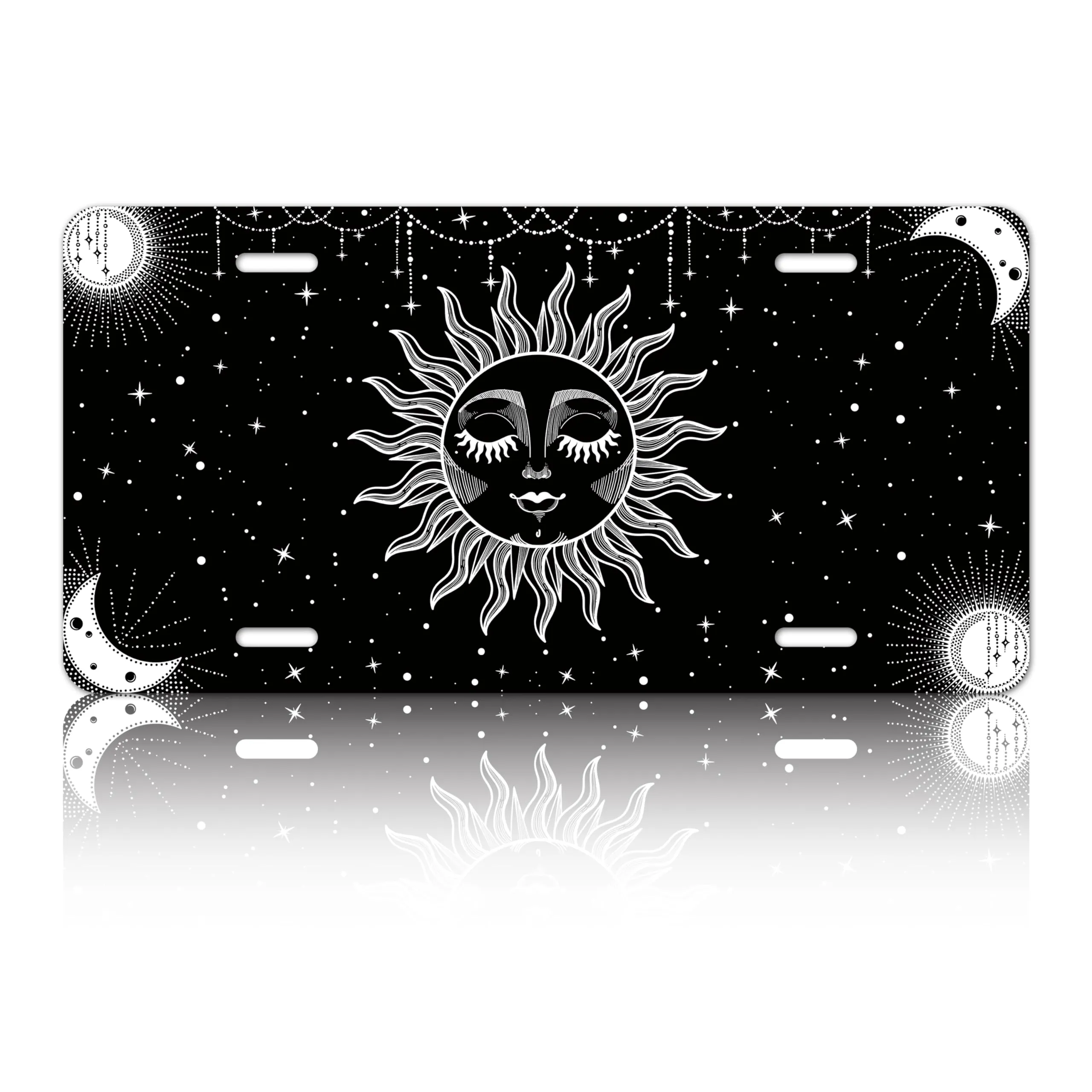 Psychedelic Black White Moon Stars License Plate Cover - 12.2'x6.2' Stainless Steel, Rustproof