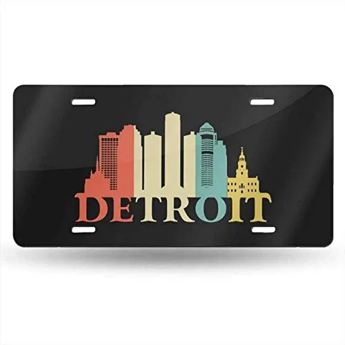 Retro Detroit Michigan Skyline License Plate Cover 12x6 Inch, Waterproof Aluminum Frame