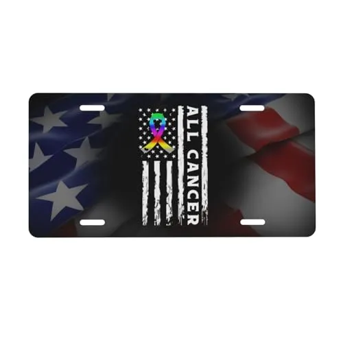 US Flag Ribbon Cancer Awareness Personalized License Plate, 6x12 in Thick Aluminum